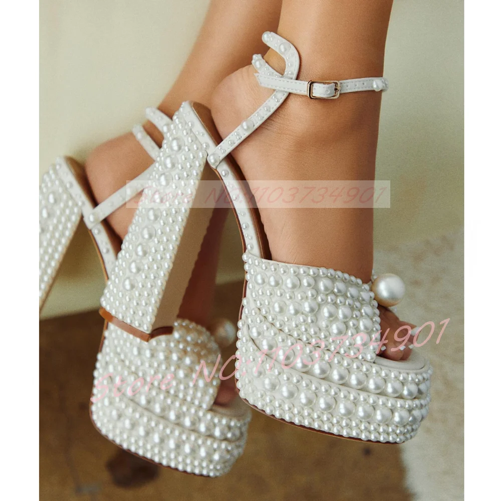 Women'S Shoes Quality - Dames witte parel platform sandalen enkelbandje